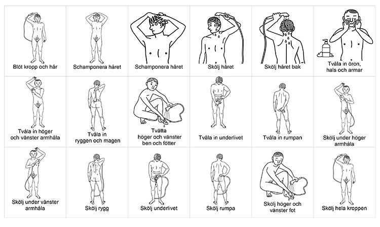 Illustrationer av naken man som duschar