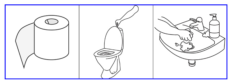 Illustration av toarulle, toalett och handfat