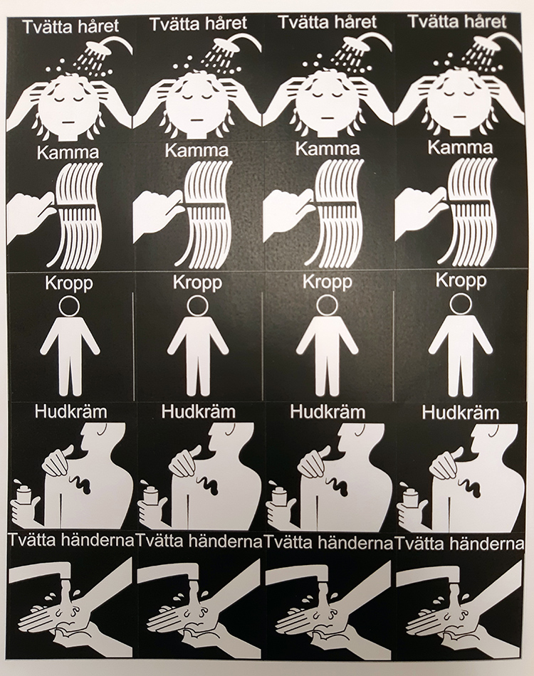 Klisterlappar med illustrationer person som tvättar håret, kammar håret, smörjer kroppen, tvättar händerna