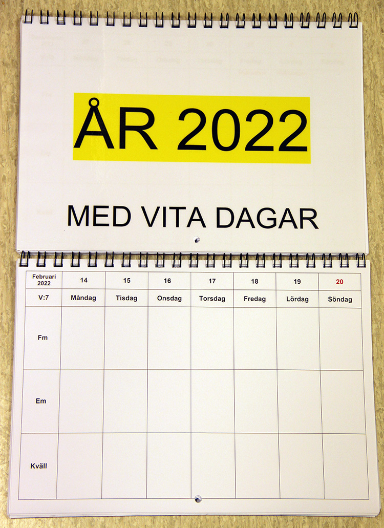 Veckokalender för 2022, dagarna indelade i förmiddag, eftermiddag, kväll