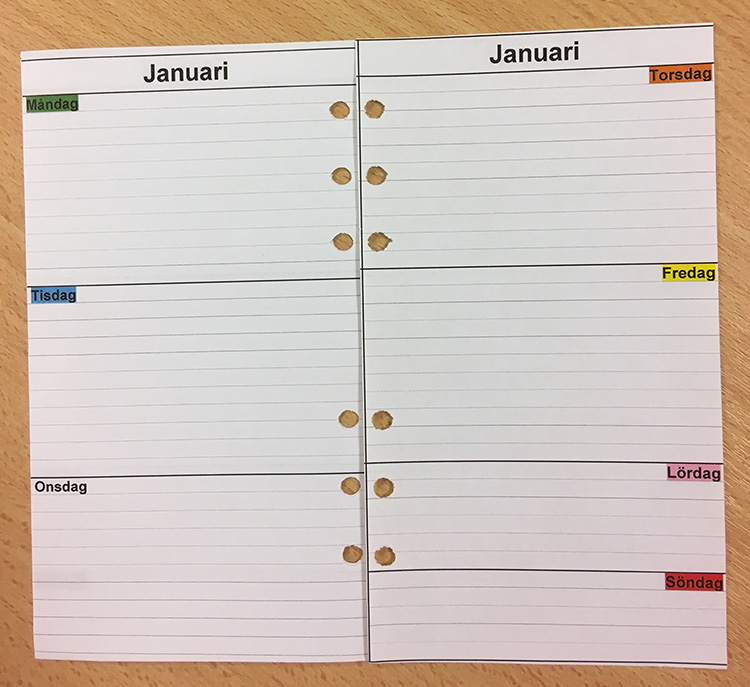 Vitt, linjerat uppslag av Filofaxblad med sex hål i, med texten januari, samt veckans dagar markerade i olika färger 